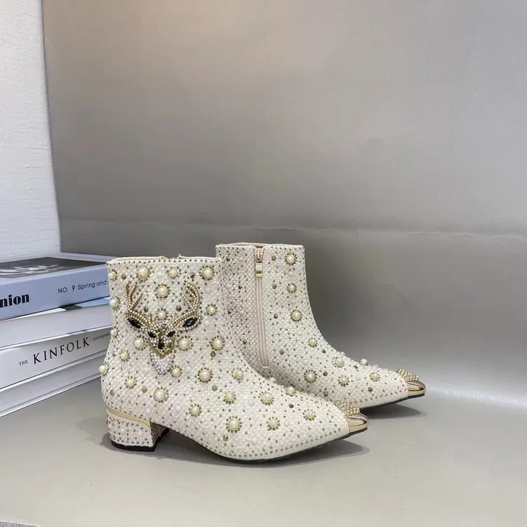 麋鹿小香风复编织古港风时尚气质方跟尖头粗跟秋冬靴子百搭短靴