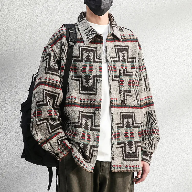 白昼小沐费尔岛提花磨毛衬衫男外套日系复古长袖衬衣大码开衫