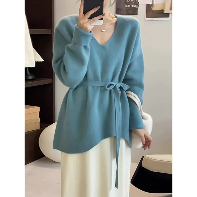 韩版蓝色不规则V领中长款毛衣女秋冬保暖显瘦针织衫收腰系带上衣