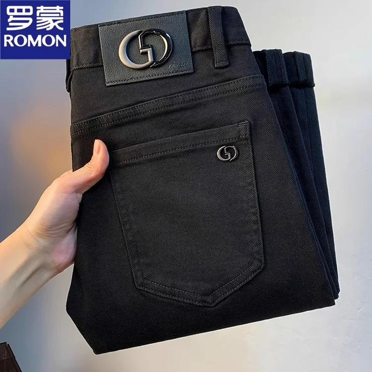 罗蒙高端轻奢牛仔裤秋季新款纯黑色修身弹力小脚裤欧洲站休闲长裤