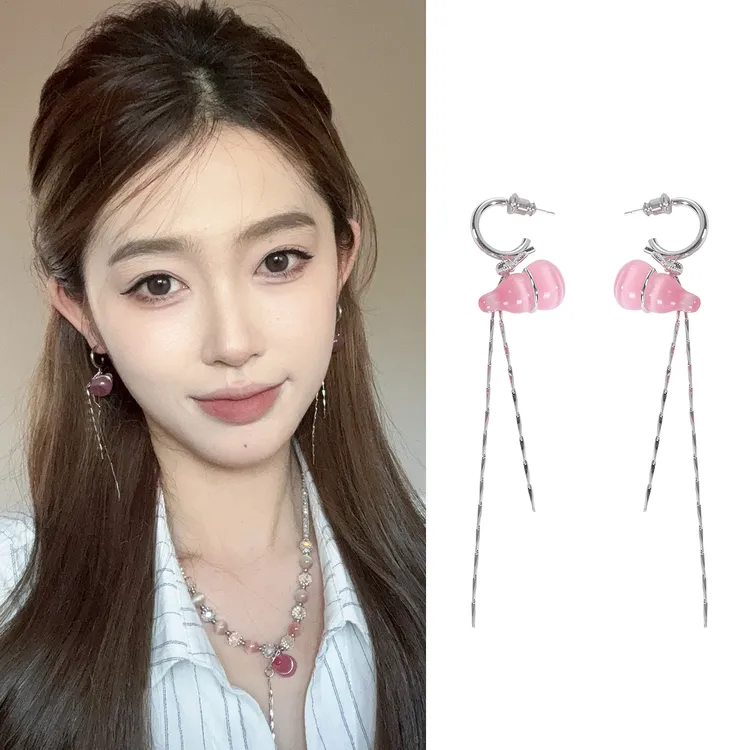 oushipei/欧诗佩 铜合金仿水晶耳饰 气质粉色水晶葫芦耳环项链女