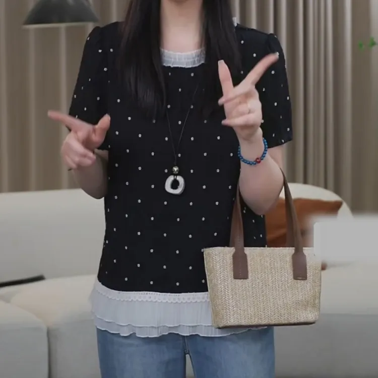 夏季薄款波点下摆蕾丝显瘦女士宽松衬衫LK2503587