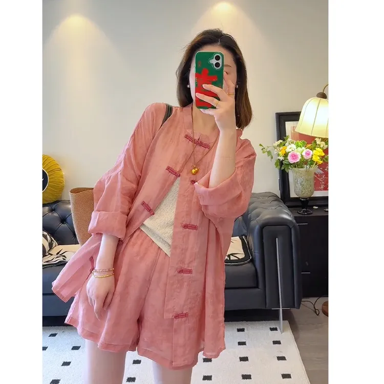 新中式国风女装2025新款清冷松弛感穿搭粉色百搭短裤两件套装夏季
