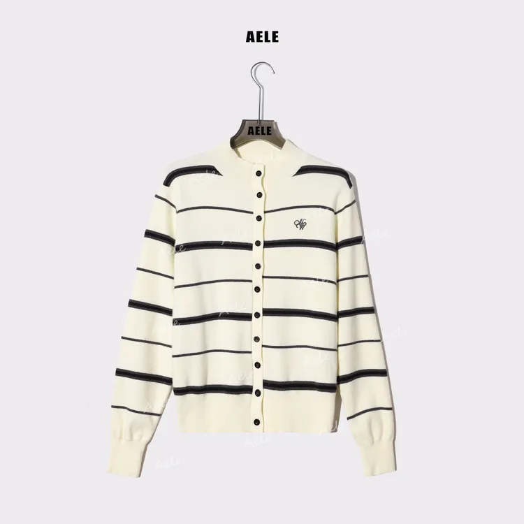 AELE针织开衫女条纹半立领单排扣刺绣修身休闲毛衣 X855 5117 AD