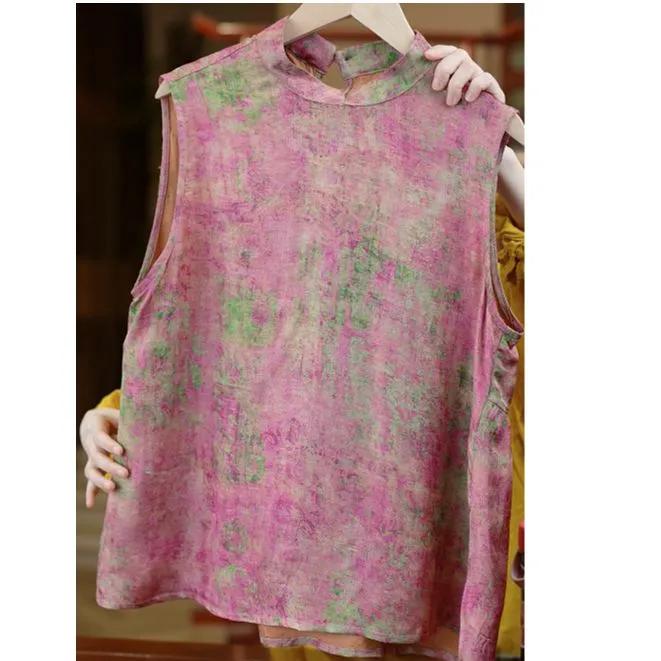晕染《非遗美学》1390中式复古粉绿印花减龄显瘦无袖上衣