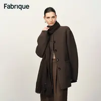 Fabrique Kaila乌木棕绵羊毛山羊绒配流苏围巾圆领毛呢中长款大衣