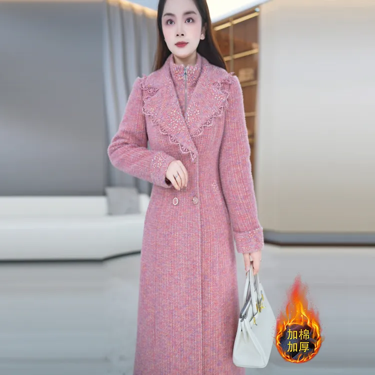 玥雯粉色套装裙女冬季2025新款宽松加棉加厚外套+连衣裙两件套潮