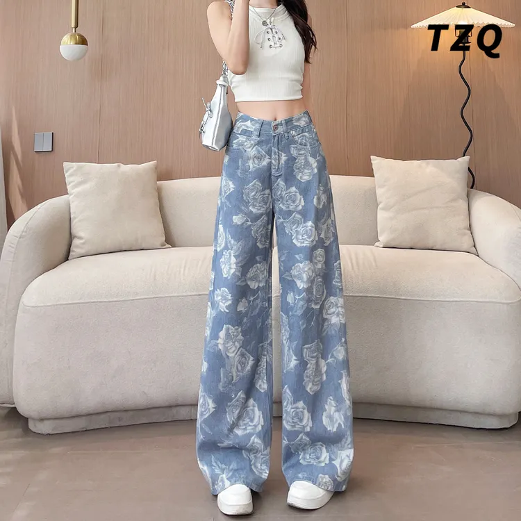 玫瑰花纹阔腿牛仔裤女夏2025新款宽松慵懒显瘦直筒裤子TZQ2552632