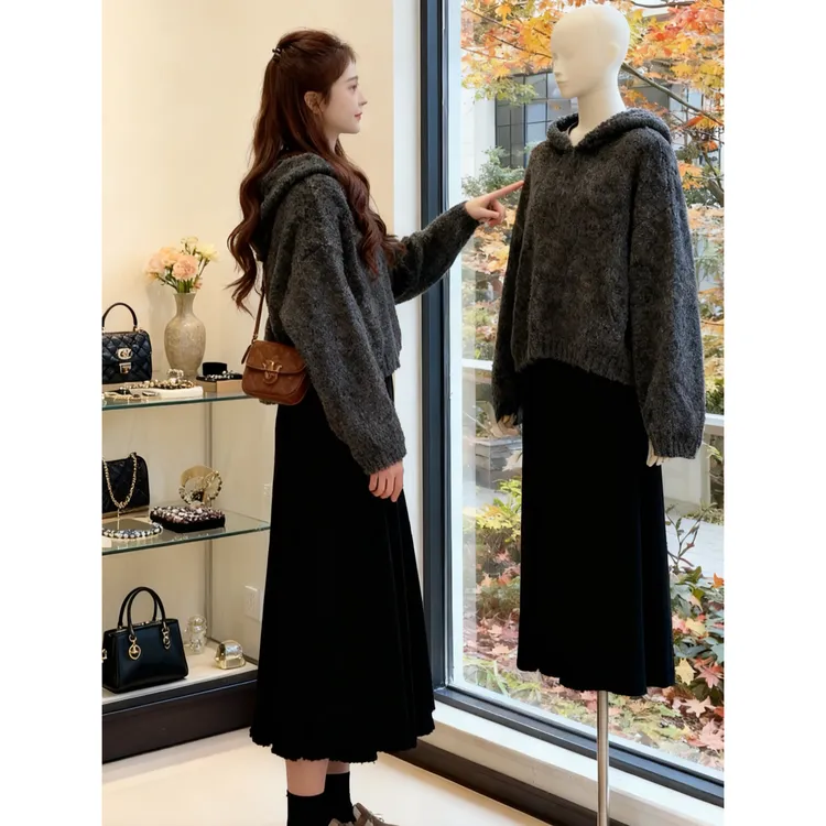 秋装女款爆款2025新款韩系慵懒风时尚通勤连帽针织上衣裙子两件套