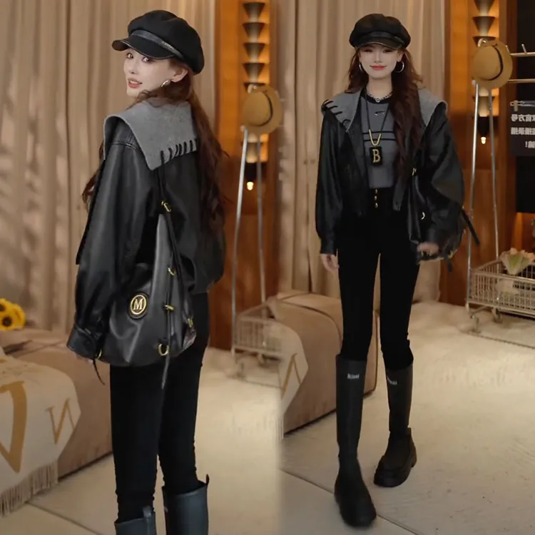 拉夏贝尔皮衣短外套女秋季新款洋气宽松显瘦海军领休闲PU皮夹克