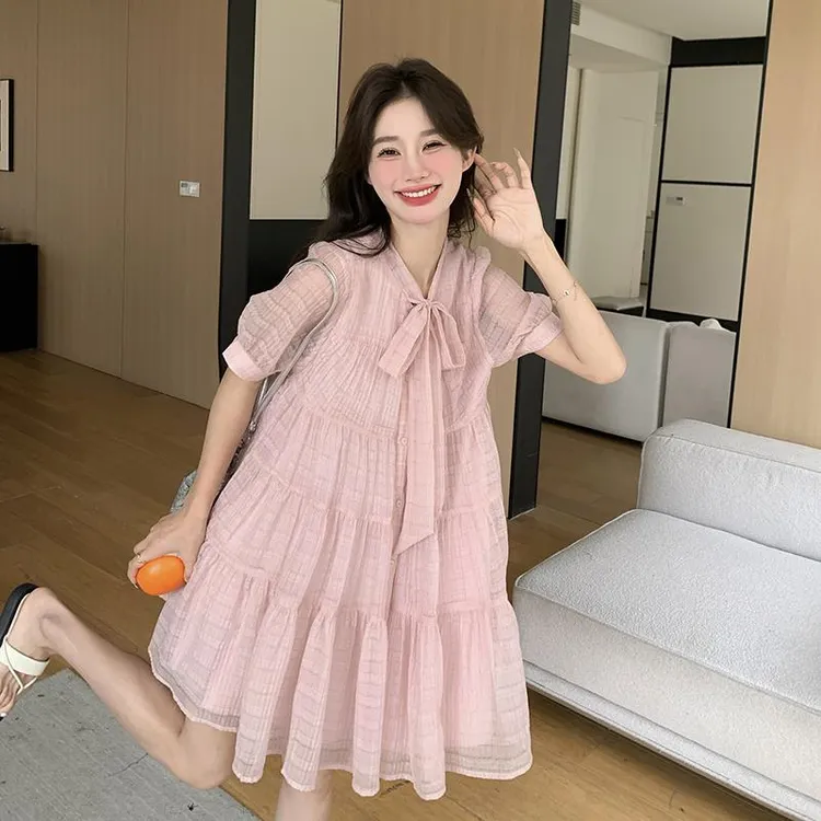 韩系初恋清纯奶甜粉色蝴蝶结连衣裙女2025夏季新款宽松在逃公主裙