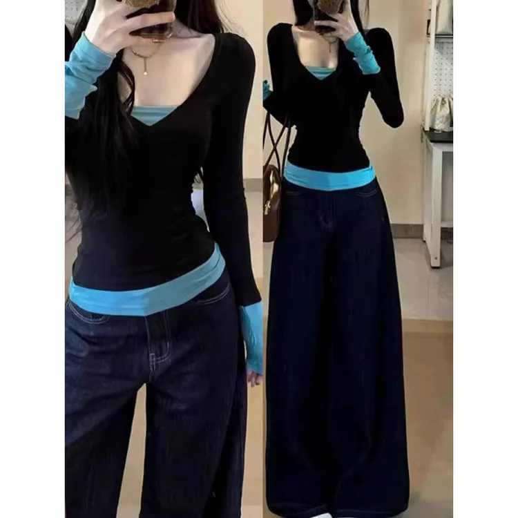 百搭基础款！假两件撞色拼接长袖t恤女春季新款修身辣妹打底衫上衣