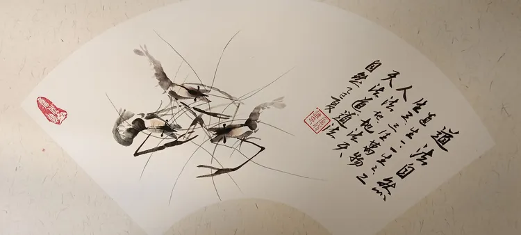 画家手绘虾图扇面卡纸佳作【道法自然】30x50cm