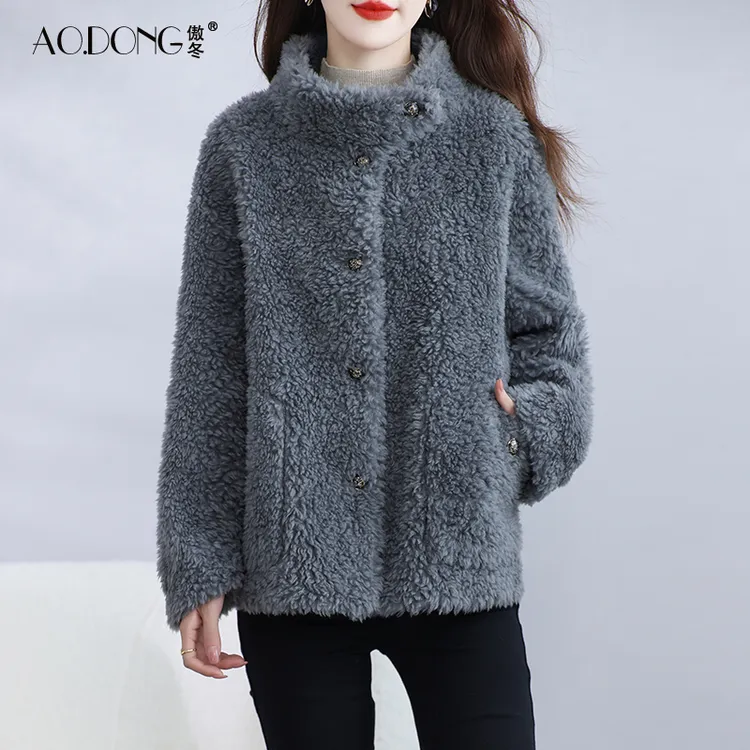 新款海宁颗粒绒皮草外套女短款立领保暖休闲加厚一体羊羔毛大衣冬