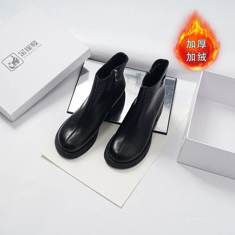 金雀绫【软糯靴】法式新款时尚粗跟加绒短靴SZAK4XAM1155