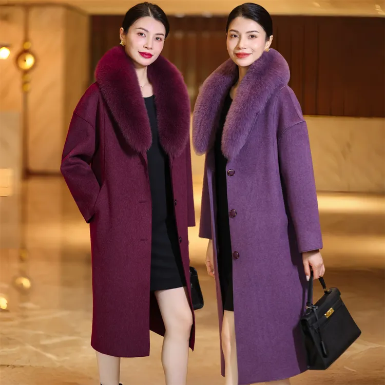 狐狸毛领羊绒大衣双面呢毛呢外套中长款秋冬女时尚显瘦新款妈妈装
