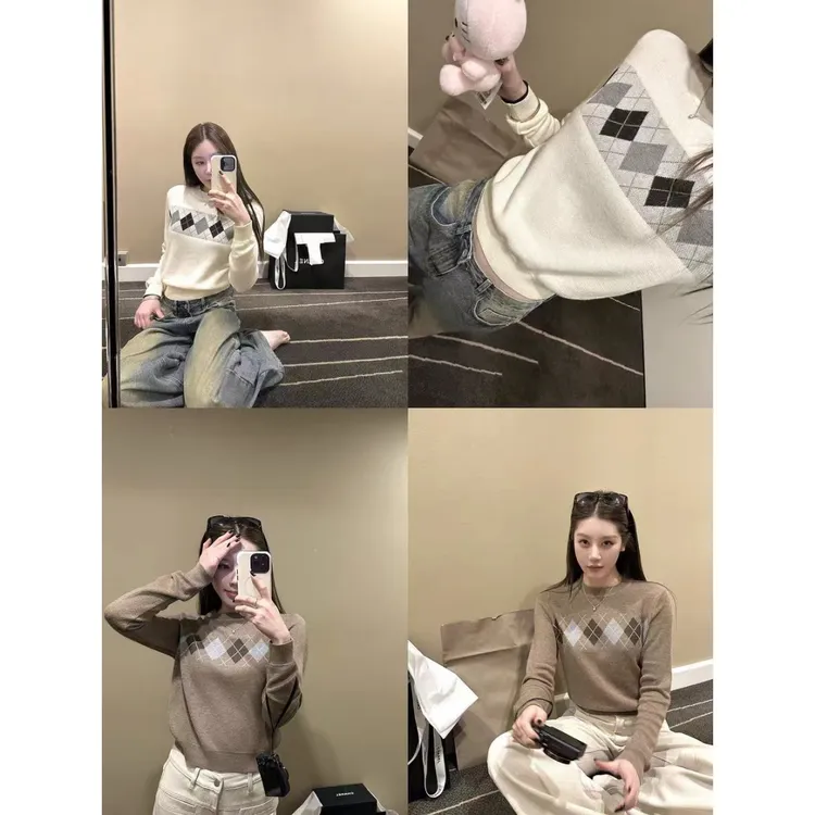 复古休闲菱格圆领套头两色毛衣打底衫上衣23195#