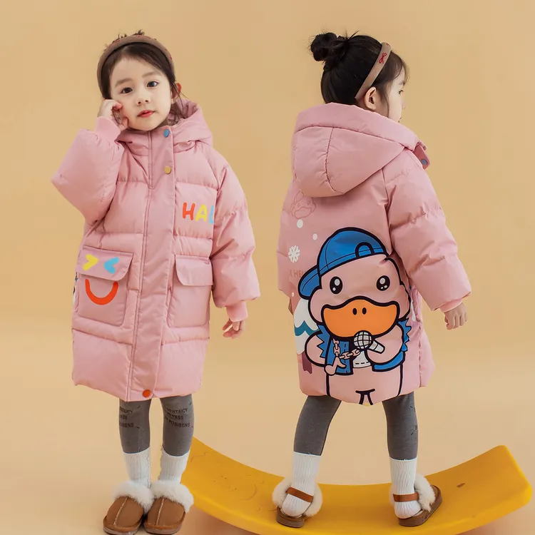 儿童羽绒服中长款冬季中小童卡通洋气加厚连帽印花保暖童装外套