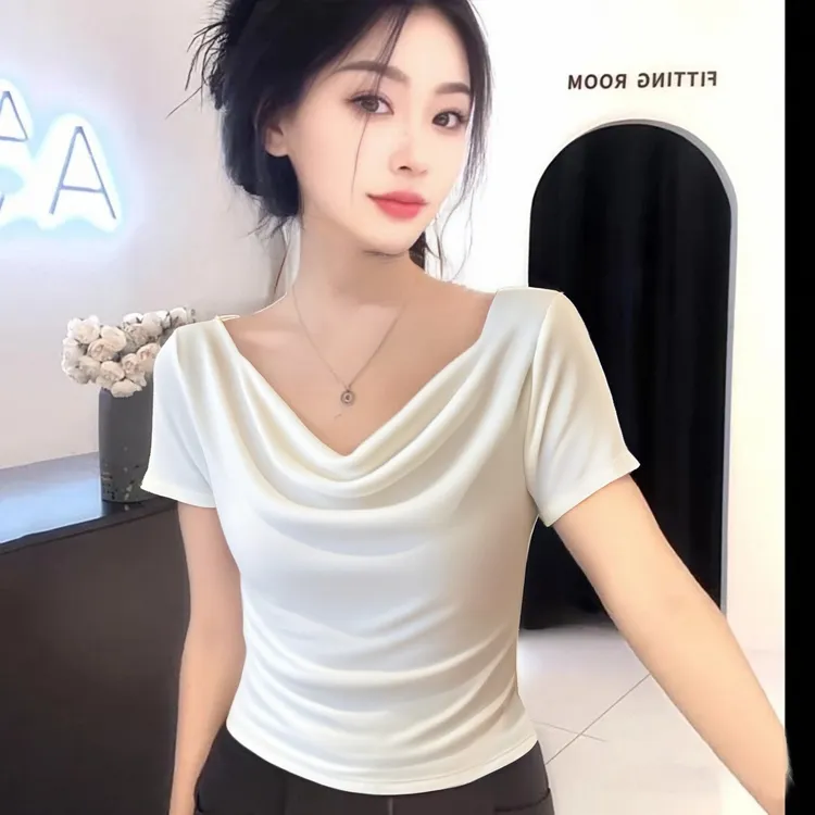 设计感小众荡领短袖T恤女2025夏季新款辣妹露肩一字领褶皱上衣ins