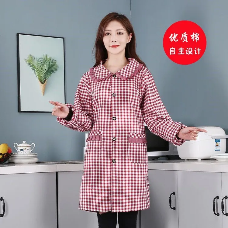 厨房家用围裙长袖棉做饭防油上班干活时尚娃娃领工作服罩衣女外穿