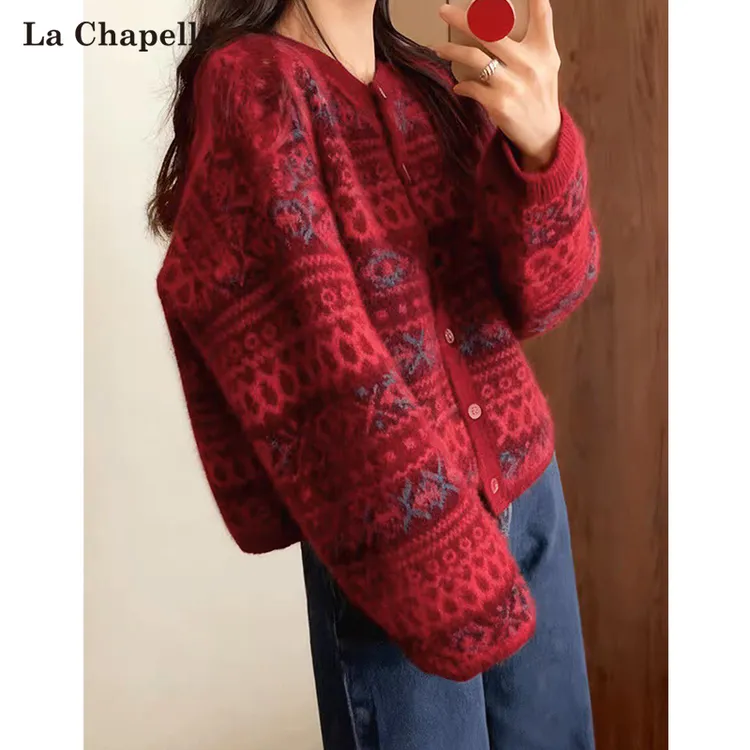 拉夏贝尔民族风红色提花毛衣2025秋季慵懒高级减龄针织开衫外套女
