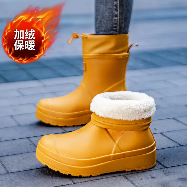 德系大码束口加绒雨鞋男款雨靴工作防滑防臭胶靴加棉外穿钓鱼水鞋
