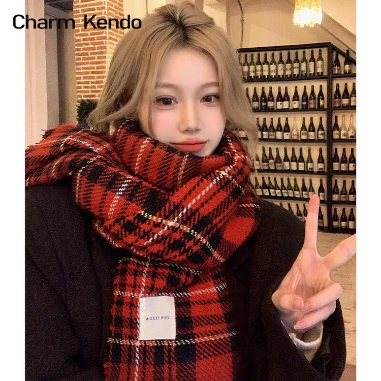 Charm Kendo围巾冬季女2025新款红色格子保暖高级新年氛围感围脖