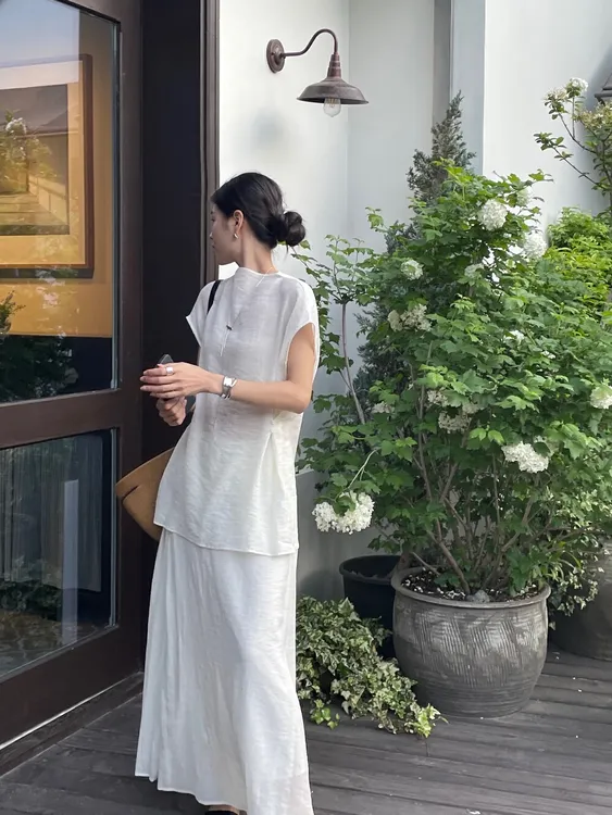 老钱风女装套装夏季简约气质洋气减龄宽松无袖上衣半身裙子两件套