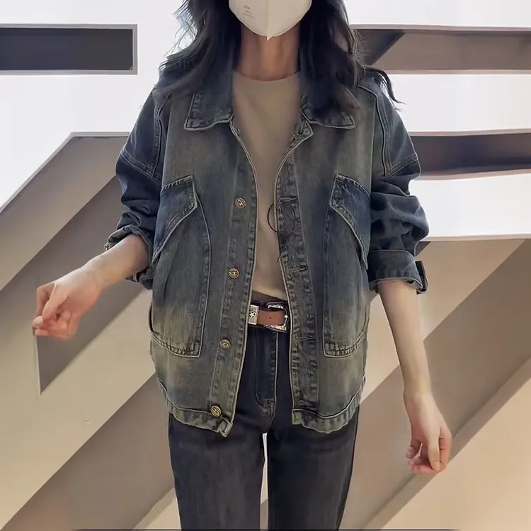 法式复古牛仔短外套女春秋新款上衣欧货大码女装宽松长袖工装夹克