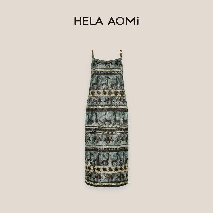 HELAAOMI “小象油画裙”桑蚕丝串珠复古吊带裙连衣裙CY5BB72648
