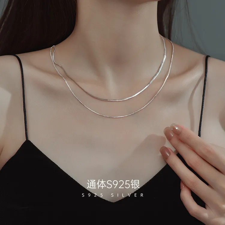 S925银双层叠戴项链女高级感简约气质盒子链ins冷淡风锁骨链颈链