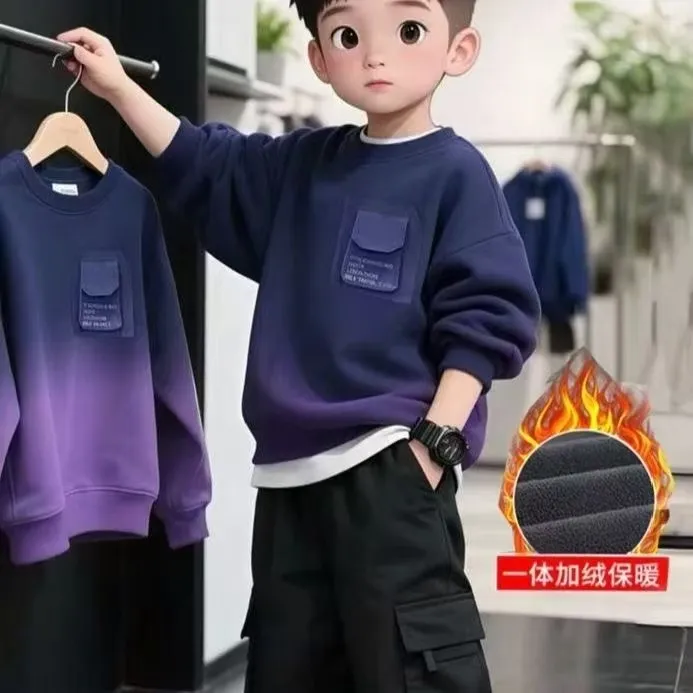 男童秋冬款卫衣2025款渐变色圆领卫衣洋气秋冬季男孩休闲长袖上衣