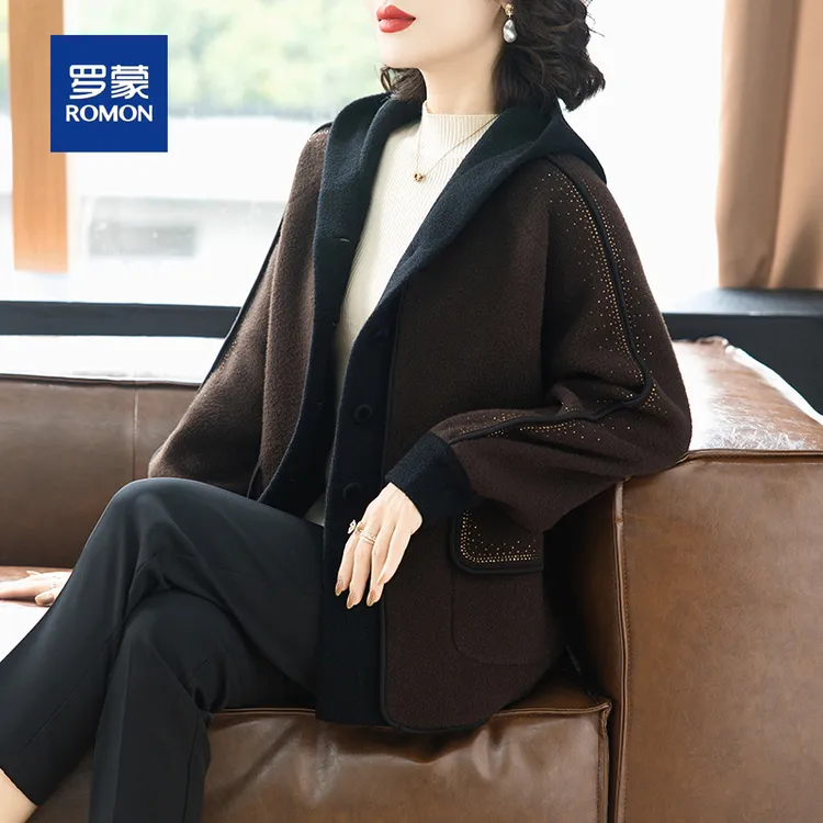 罗蒙时尚洋气妈妈秋装毛呢外套50多岁中老年人女士春秋季连帽上衣