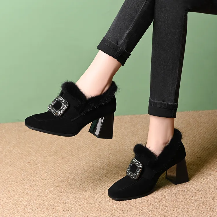 真皮羊皮方扣水钻粗跟单鞋女秋冬新款磨砂绒面水貂毛方头深口单鞋