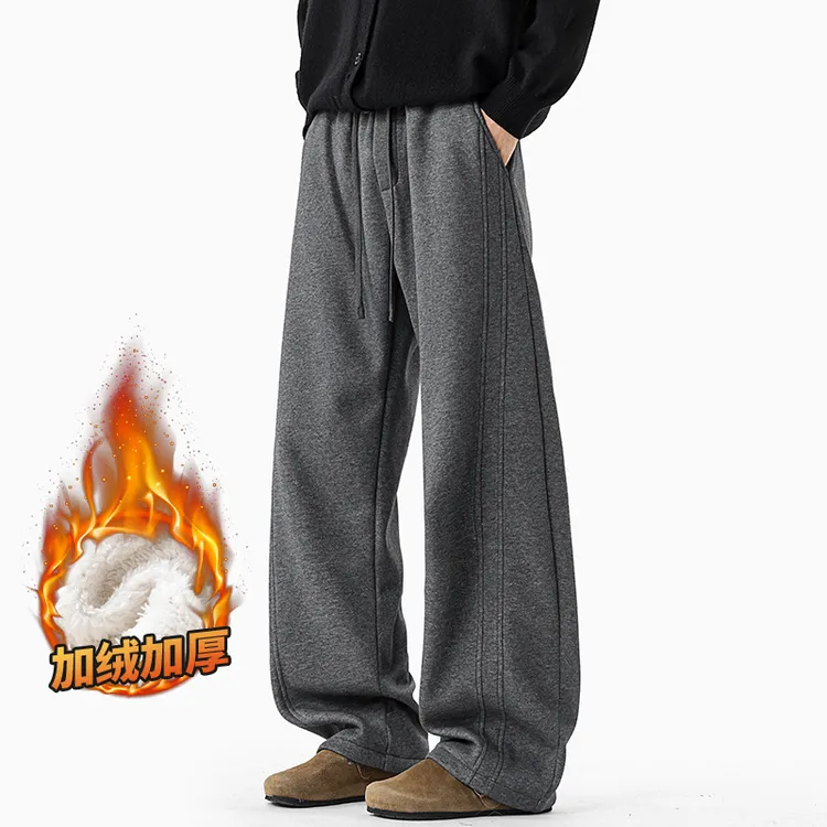 日系复古针织休闲裤男款秋冬加绒加厚保暖直筒男士运动弯刀拖地裤