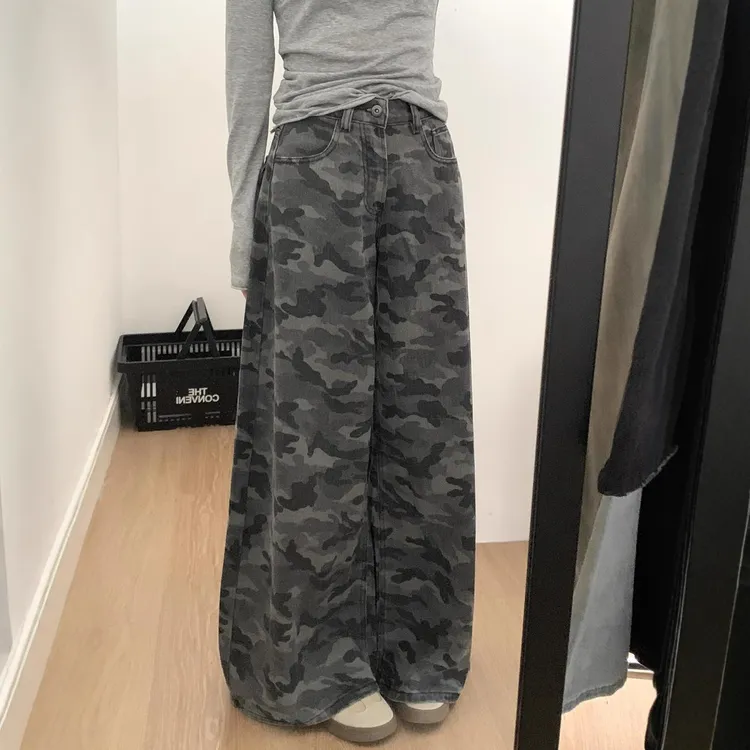 港风复古迷彩阔腿牛仔裤女小个子ins设计感高腰显瘦拖地裤潮秋季