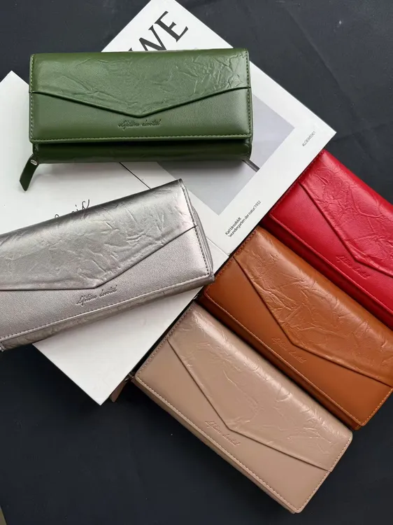 迪雅路【磁吸钱包】爆裂皮手抓纹褶皱女士大容量长款钱夹信封设计