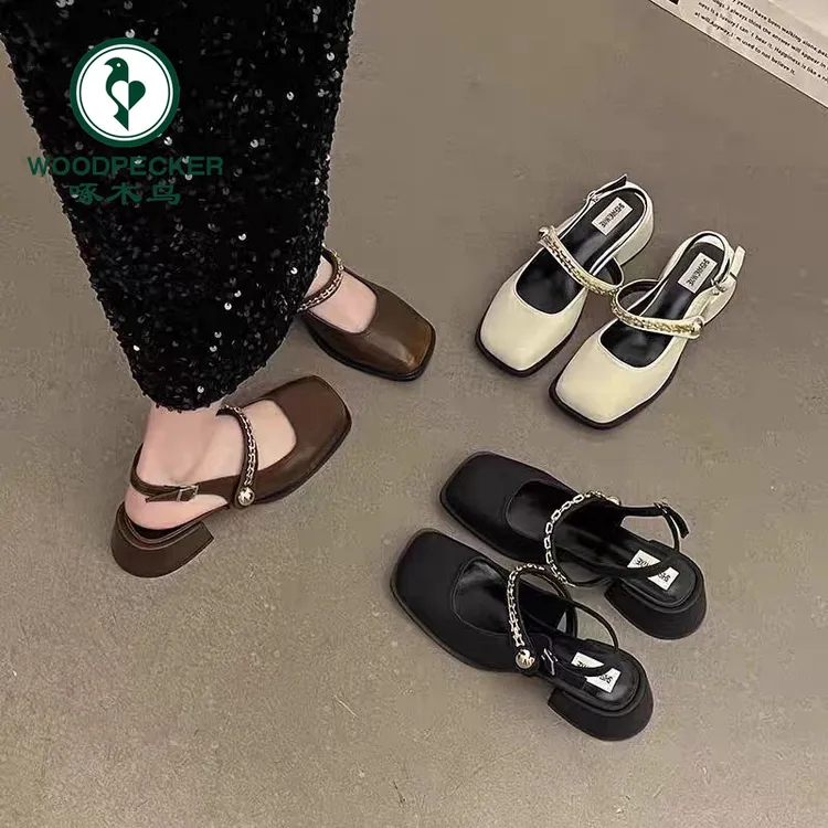 啄木鸟高跟包头凉鞋女2025新款夏粗跟玛丽珍单鞋配裙子法式小皮鞋