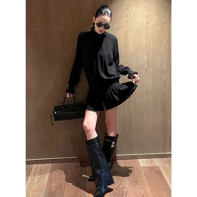 AME  古典拉夫裙   褶边阔摆套头高领解构打揽连衣裙ZD11LZHJ346