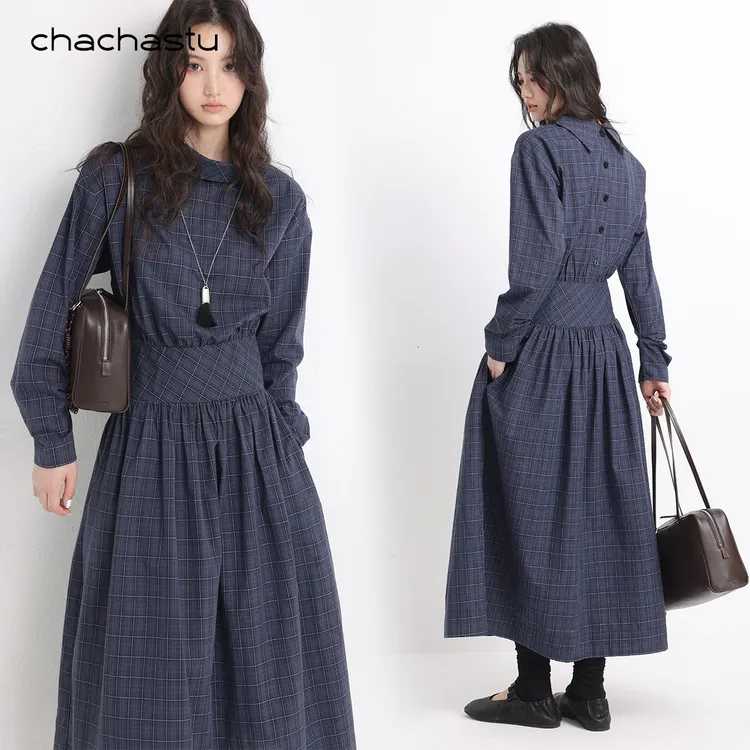 CHACHASTU时髦摩登低腰束腰版型 经典蓝格子A摆连衣裙  H4336W
