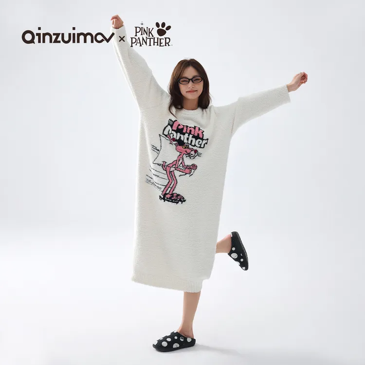 亲嘴猫【粉红豹联名】半边绒卡通长款可外穿睡袍睡衣家居服女秋冬