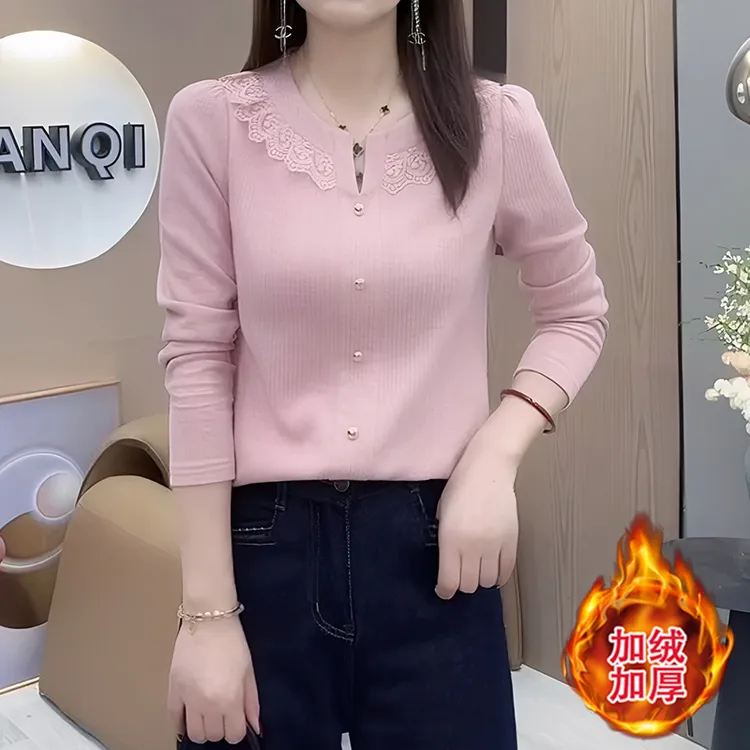 时尚烫钻花边圆领长袖T恤女2025冬季新款洋气减龄百搭小个子上衣