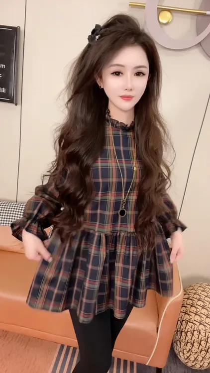 复古格子连衣裙韩版时尚气质高级感中长款衬衫裙