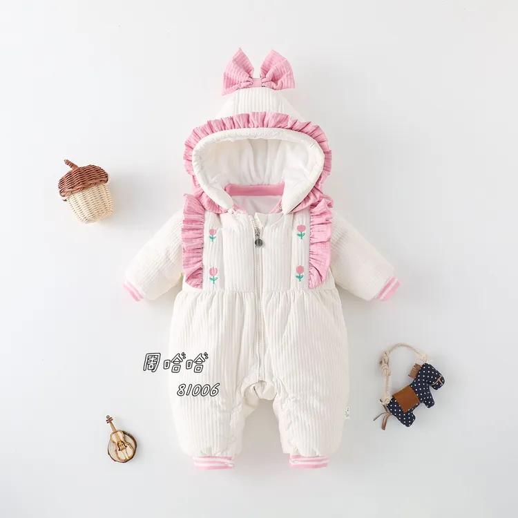 婴幼儿加厚棉连体女宝小花蝴蝶结外出服81006厚外套连体可拆帽子