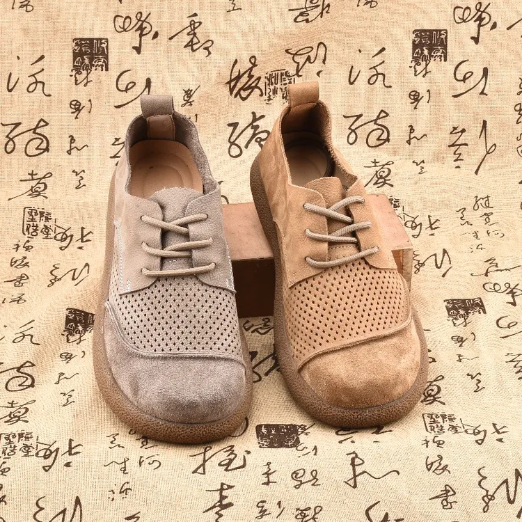 复古休闲皮鞋真皮2025夏季新款头层牛皮打孔透气软皮软底系带男鞋