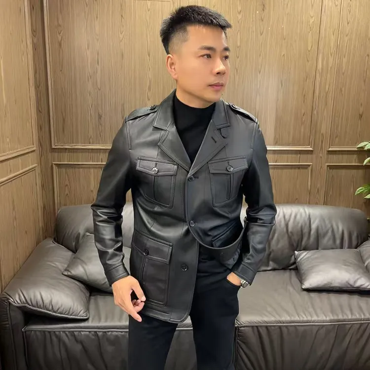 25秋冬39730男士高端商务休闲多口袋纯皮羊皮翻领中长款皮衣