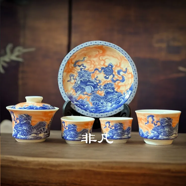 釉下彩矾红醒狮陶瓷盖碗旋转中式复古高档大壶承家用泡茶碗主人杯