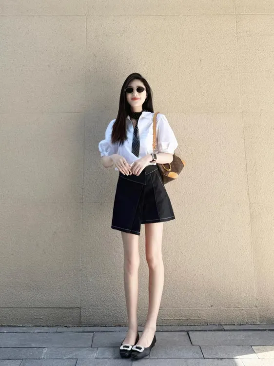 2025春夏新款法式白色v领半袖设计感短袖衬衫不对称设计感半身裙