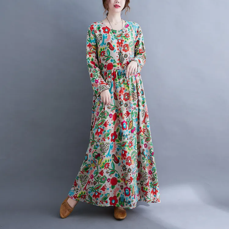 清仓捡漏~专柜出口外贸大码女装早秋棉麻长袖印花显瘦遮肚连衣裙