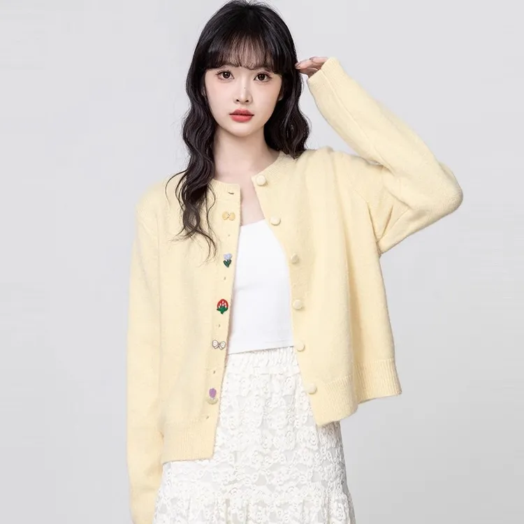 黄色针织开衫女秋冬2025新款宽松韩系设计感圆领毛衣外套圆领上衣